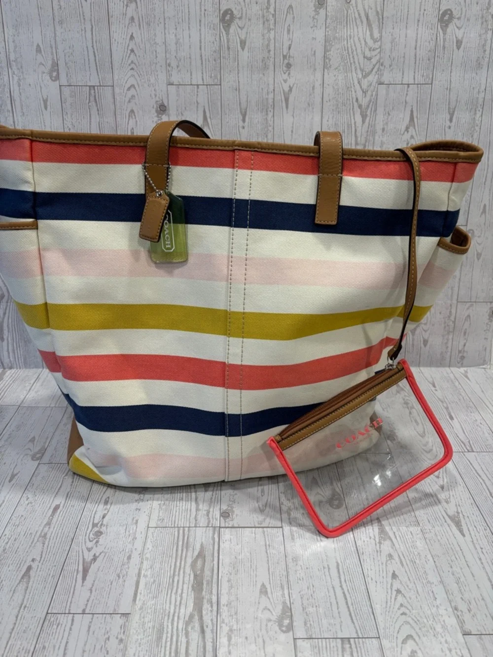 Coach Hadley Multicolor Striped Canvas Tote with Tan Trim
